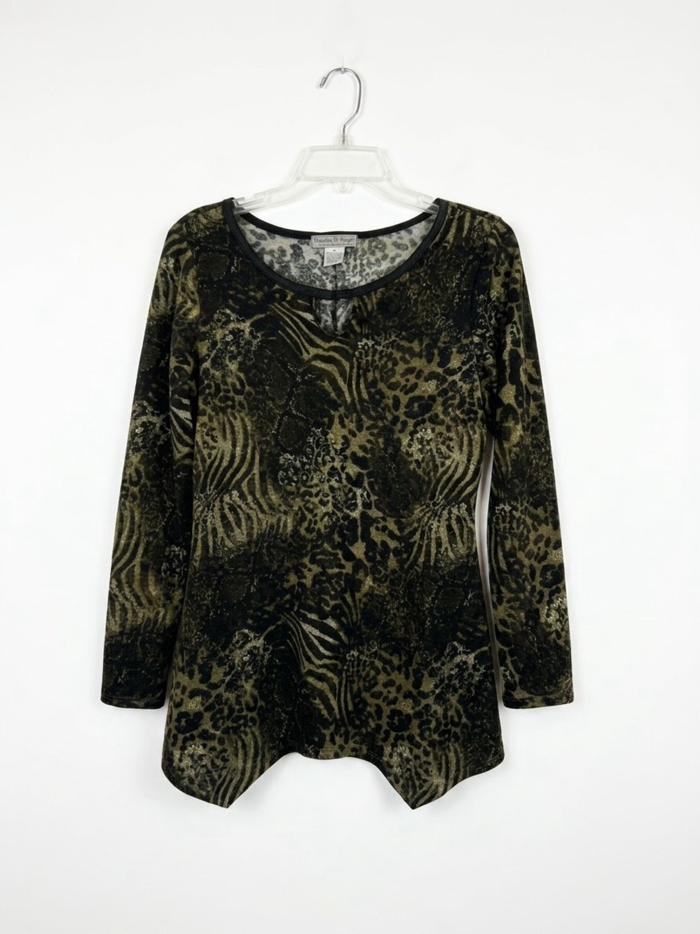 Vintage Suzie Animal Print Tunic Top Green Black Asymmetrical Hem Medium